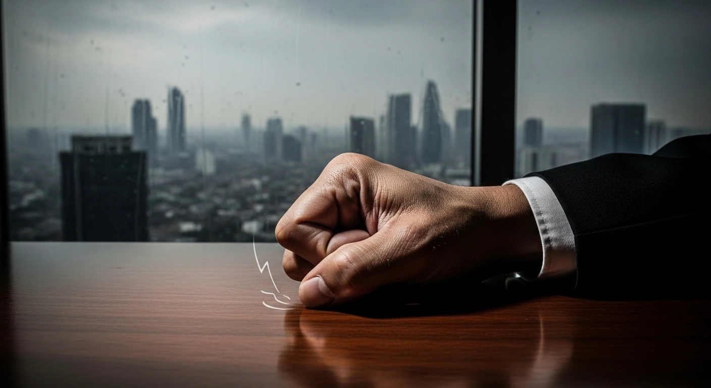 A close-up of a man's hand resting heavily on a polished desk, with a blurred, rain-streaked Jakarta cityscape in the background, visually representing the significant net worth decrease of Indonesian billionaire Prajogo Pangestu as his Barito Group shares tumbled amidst a market downturn.