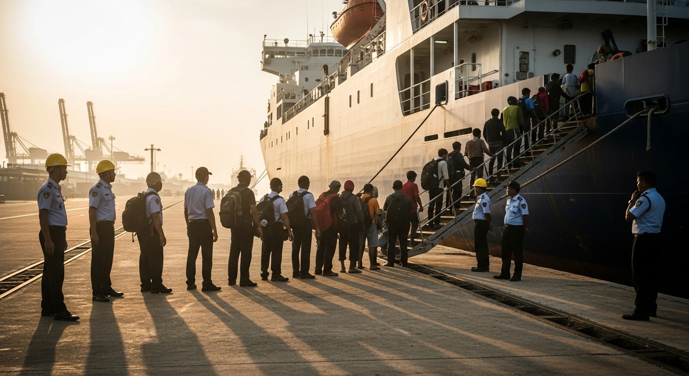 Indonesian citizens board a ship at a Malaysian port as part of a repatriation operation facilitated by the Indonesian Consulate General.