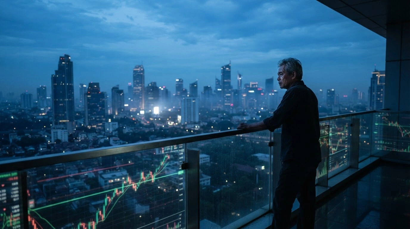 A financial trader looks out over the Jakarta skyline as the Indonesian Rupiah faces downward pressure due to potential MSCI reclassification concerns.
