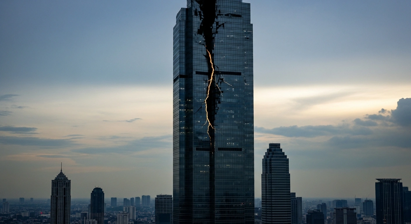A dramatic, low-angle view of a modern skyscraper in Jakarta at twilight, its glass facade subtly fractured, symbolizing the sharp decline of Indonesian stocks and the Jakarta Composite Index, which wiped out an estimated $80 billion in market value due to MSCI's warning and concerns over President Prabowo Subianto's fiscal policies and central bank independence.