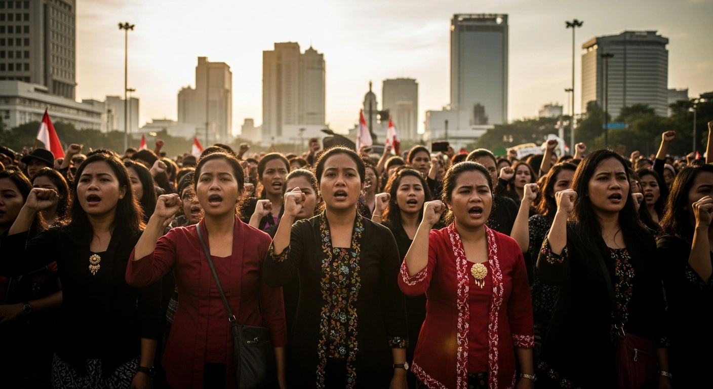 Members of the Women's Alliance of Indonesia gather in a Jakarta square to protest against rising fuel prices and the government's national feeding program.
