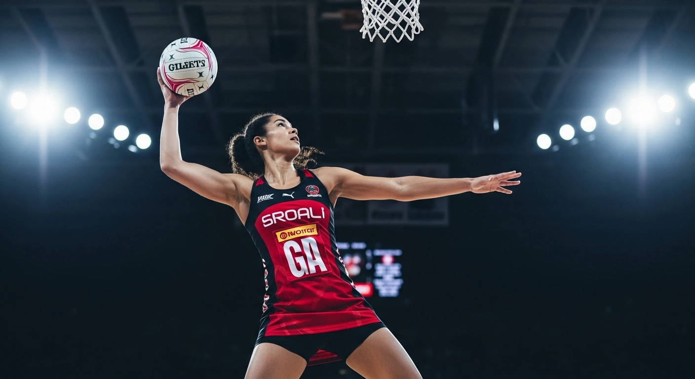 South African netball player Ine-Mari Venter performs an athletic jump shot during a professional match in the ANZ Premiership.