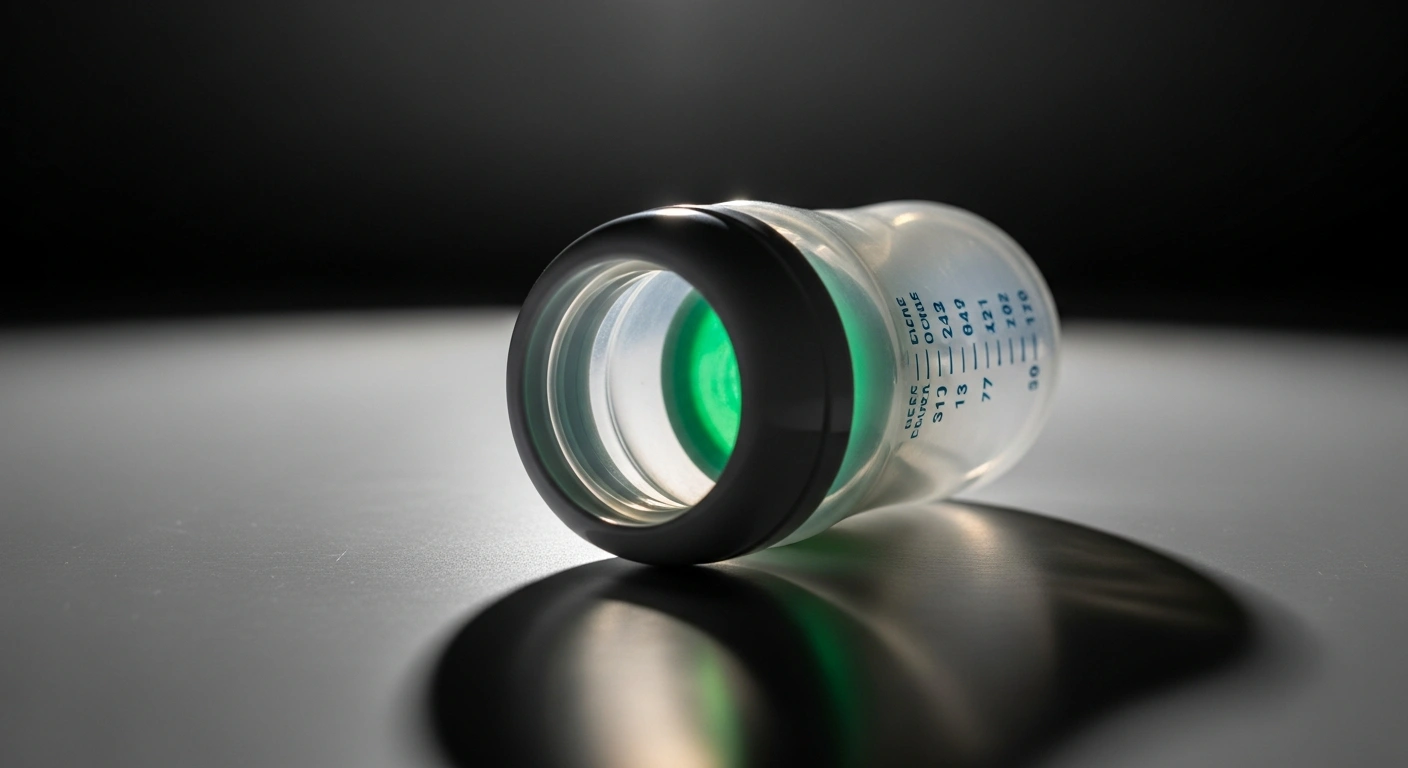 A close-up, low-angle photograph of a single baby bottle on a sterile, reflective surface, with a faint emerald green luminescence emanating from its interior, symbolizing France's significantly reduced cereulide toxin limit in infant formula following widespread product recalls by major manufacturers like Nestlé, Danone, and Lactalis due to potential links to infant deaths.