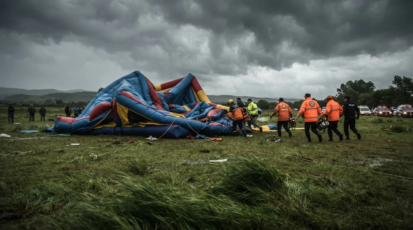 Emergency responders arrive at the scene of a collapsed inflatable castle in Cruz del Eje, Argentina, following strong winds.