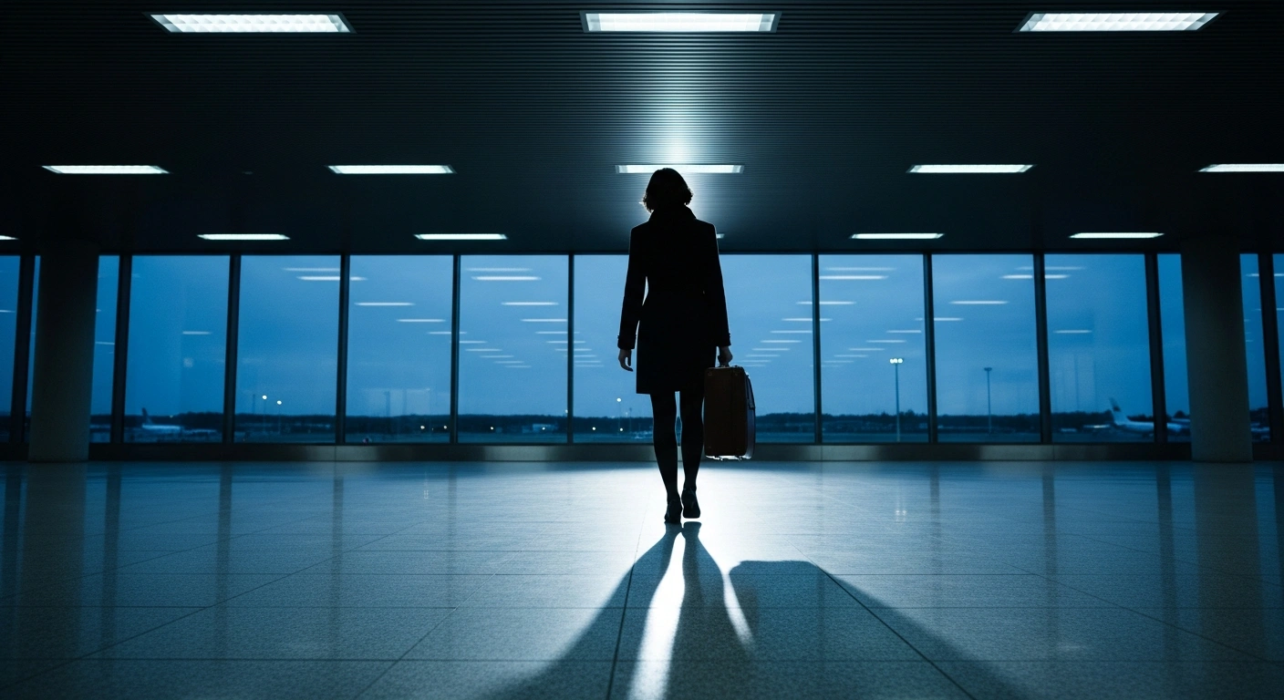 A silhouette of a woman resembling influencer Rosa Iberê Tavares Dantas stands at an airport terminal while evading authorities after a fatal road accident.