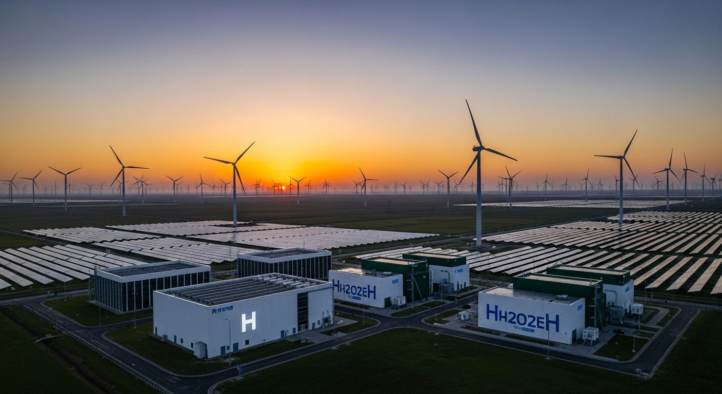 A sweeping, wide-angle shot of a futuristic green energy landscape in Inner Mongolia at sunrise, featuring towering wind turbines, expansive solar panel arrays, and sleek, large-scale battery storage and hydrogen power facilities, symbolizing the region's commitment to enhancing grid stability and integrating vast renewable resources for a clean energy transition.