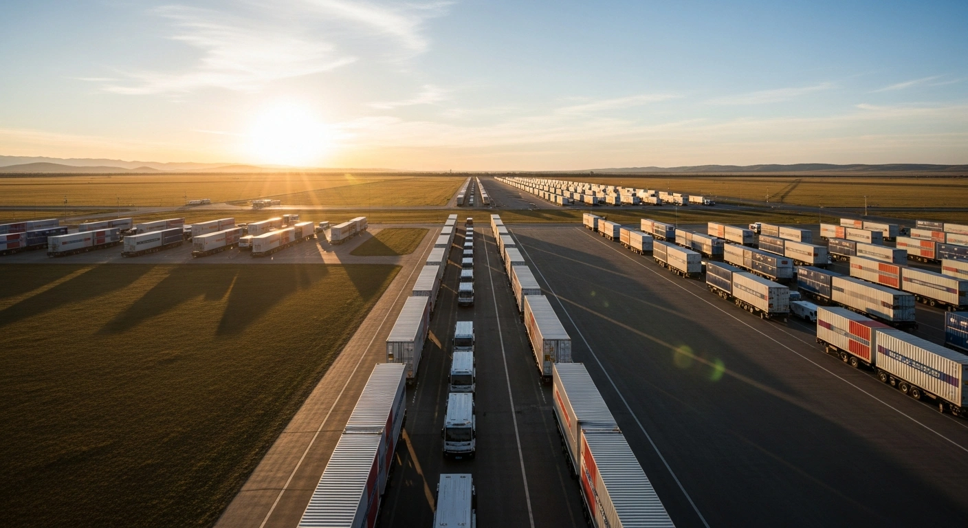 A modern logistics hub with shipping containers sits on the vast Inner Mongolian landscape, representing the new China Inner Mongolia Pilot Free Trade Zone.