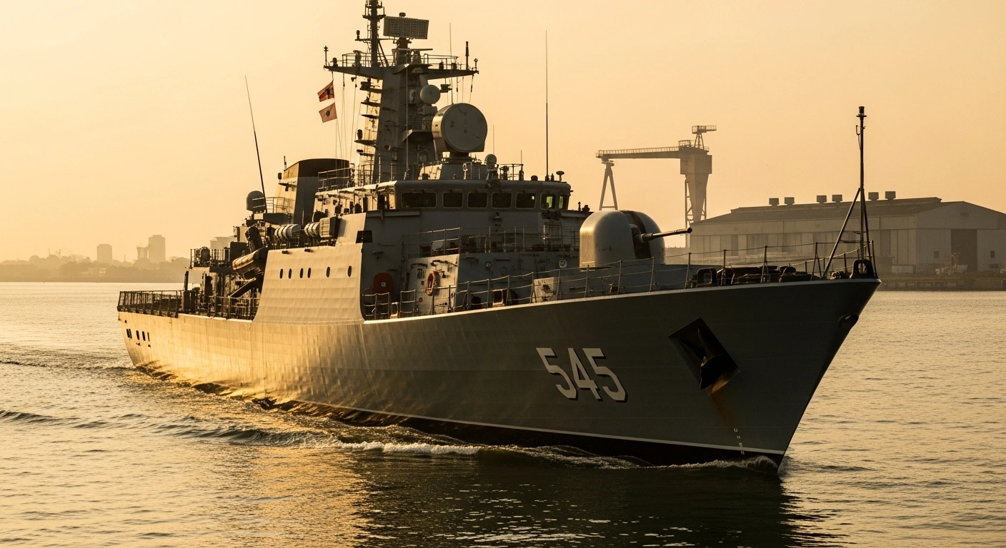 The Indian Navy's INS Androth, an Anti-Submarine Warfare Shallow Water Craft, is depicted at sunset, its sleek hull and advanced sonar dome highlighted against the Visakhapatnam Naval Dockyard, symbolizing India's enhanced maritime security and indigenous defense capabilities.
