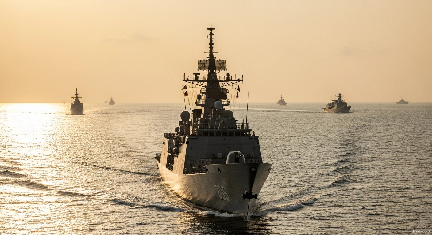 The Indian Naval Ship (INS) Sahyadri, a stealth guided-missile frigate, sails majestically at golden hour in the Indo-Pacific, with other naval vessels from Quad nations visible in the distance, symbolizing maritime interoperability during Exercise Malabar 2025.