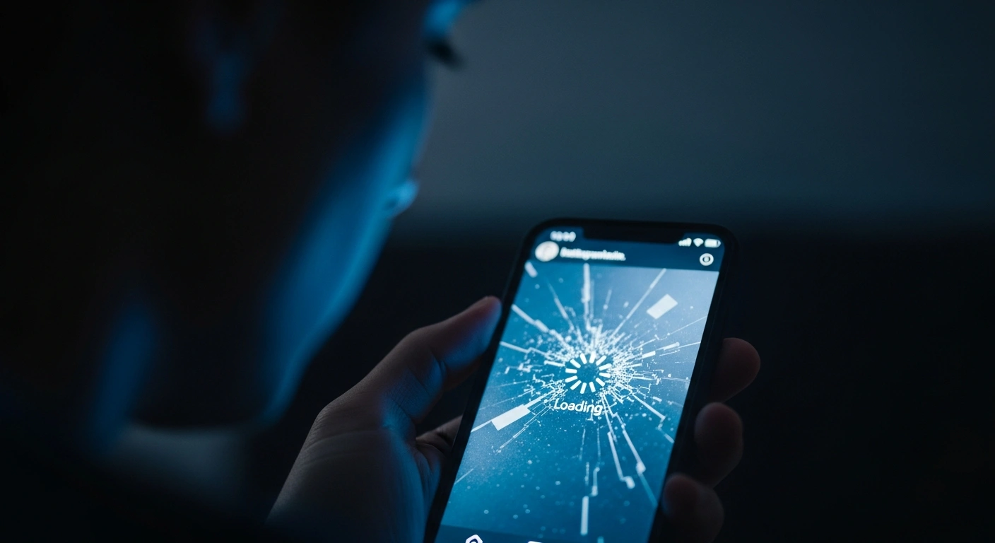 A person holds a smartphone displaying a frozen and glitching Instagram interface during a widespread service outage in Brazil.