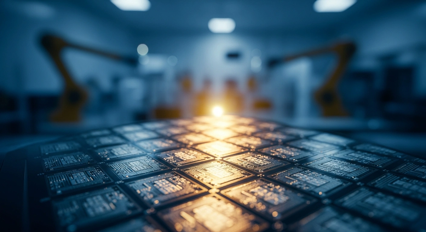 A close-up view of a high-tech silicon wafer representing Intel's investment in U.S. semiconductor manufacturing and advanced AI hardware innovation.