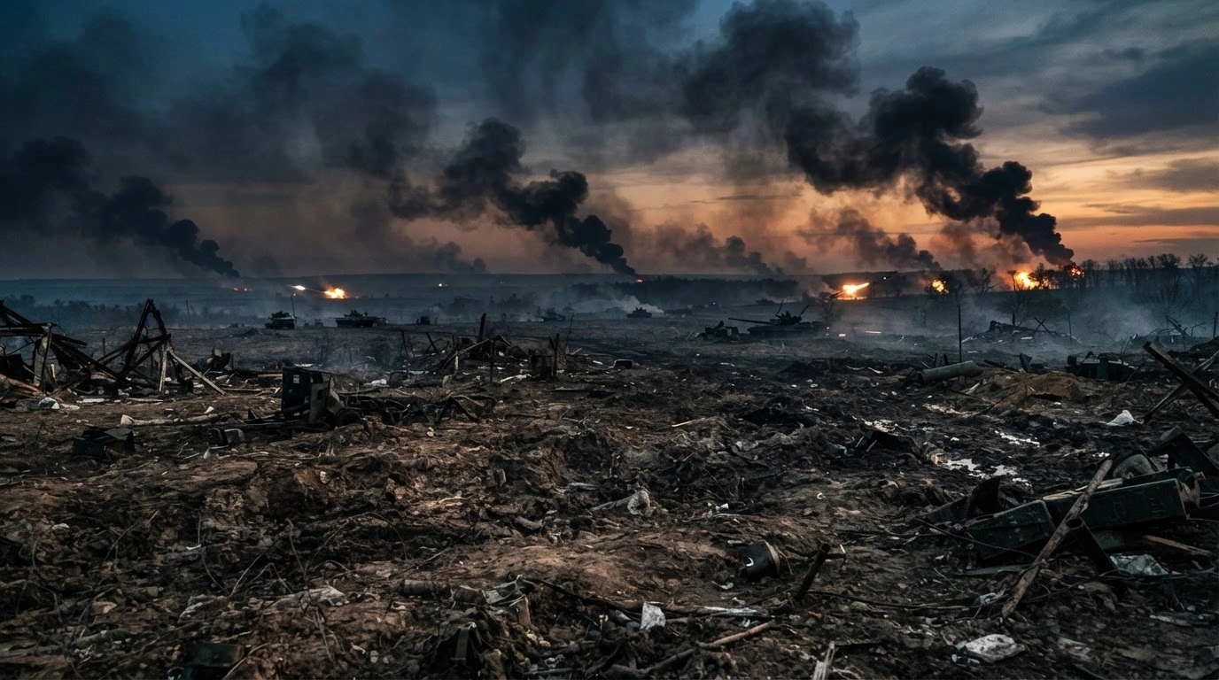 A desolate, cratered landscape in eastern Ukraine shows smoke rising from the horizon during intense combat operations in the Pokrovsk and Kurakhove sectors.