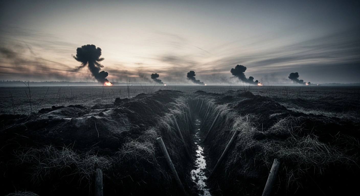 A desolate, smoke-filled battlefield landscape represents the intense combat engagements between Ukrainian and Russian forces in the Pokrovsk and Kurakhove sectors.