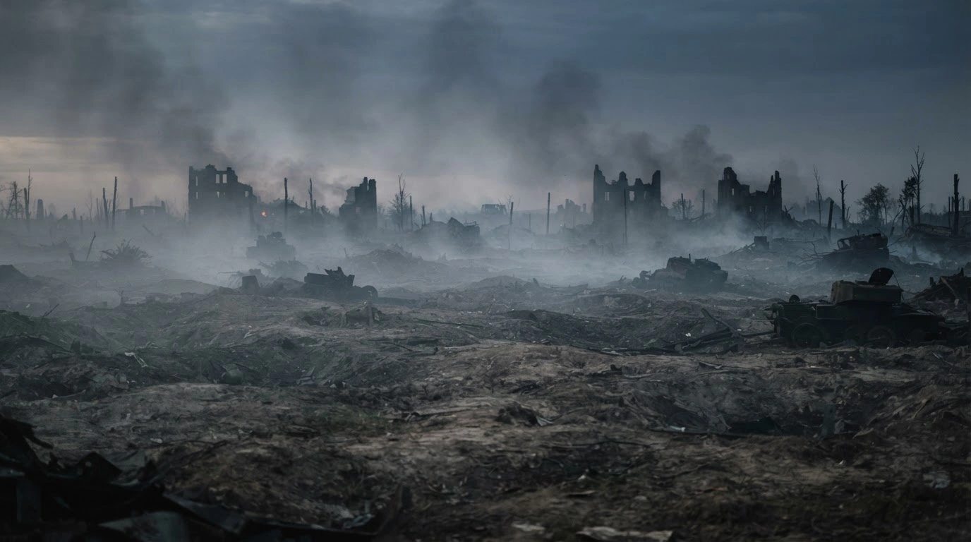 A desolate, war-torn landscape at dawn illustrates the intense conflict and heavy casualties sustained by Russian forces along the front lines.