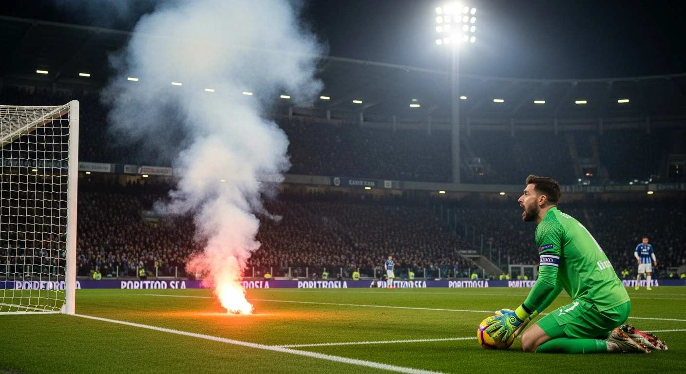 A dramatic scene on a Serie A football pitch shows Cremonese goalkeeper Emil Audero reacting to a firecracker explosion near him, an incident that led to an Inter fan's arrest and a fine for Inter Milan.