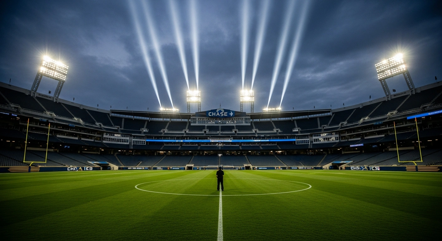 A wide, low-angle shot of Chase Stadium at dusk, with towering floodlights illuminating the emerald green pitch and a lone, silhouetted figure near the center circle, representing the anticipation for Inter Miami CF's first MLS Eastern Conference Final against New York City FC, with the winner proceeding to the 2025 MLS Cup final.