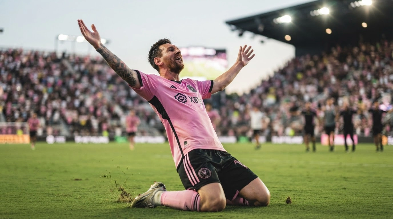 A professional soccer player in an Inter Miami CF jersey celebrates a victory on the field after securing a spot in the 2024 MLS Cup Playoffs.