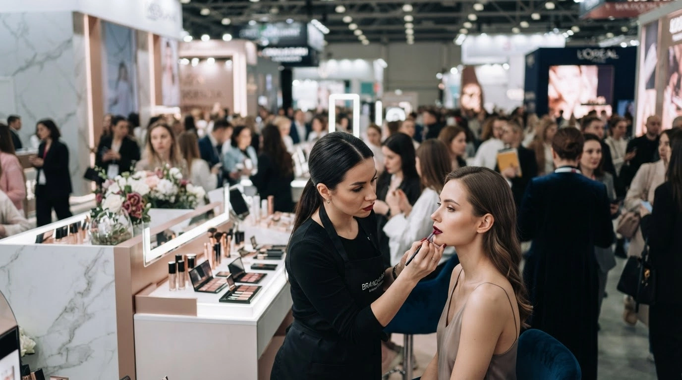 A professional makeup artist works on a model at the InterCHARM beauty and cosmetics trade fair in Krasnogorsk, Russia.