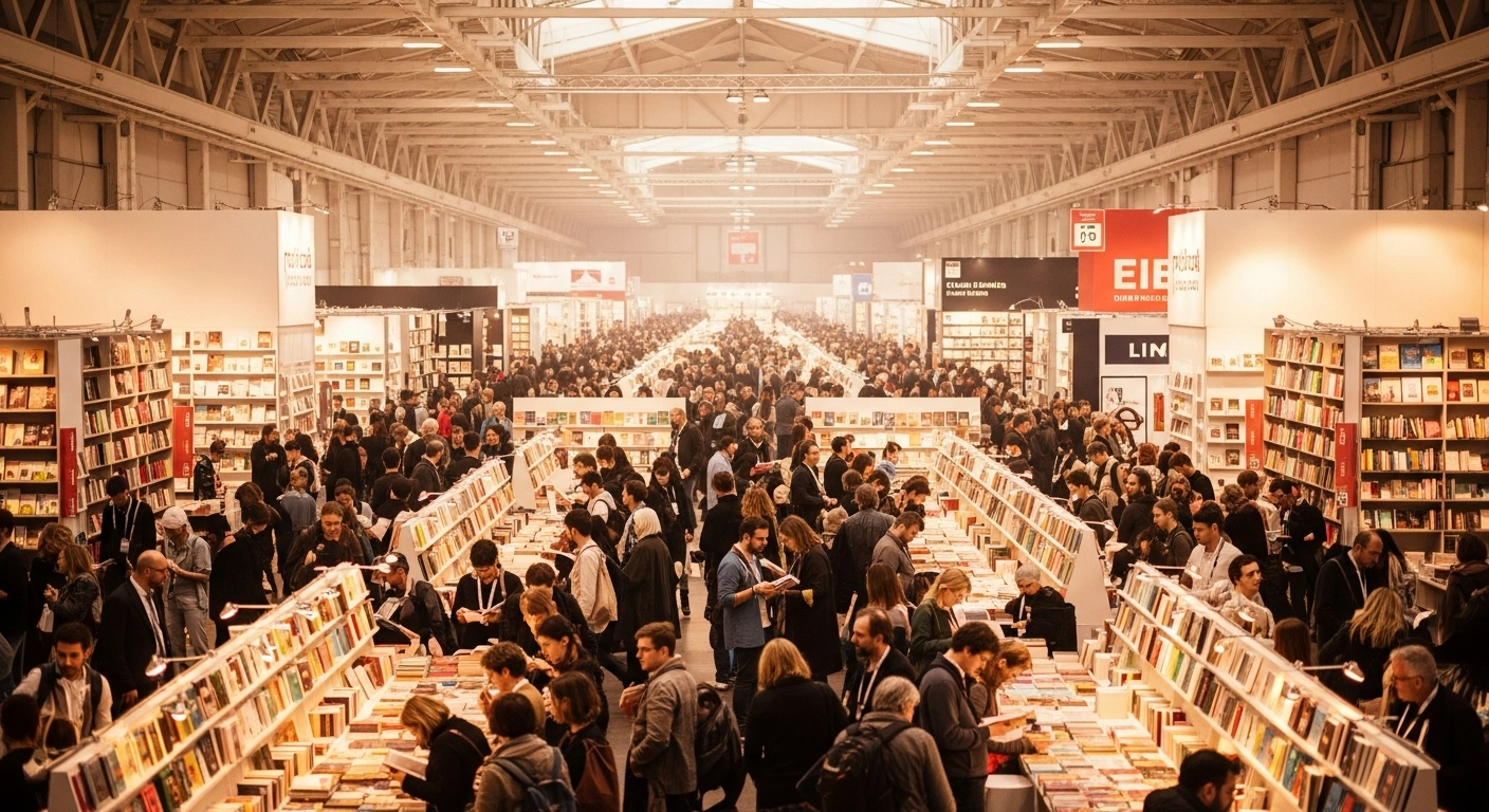 An elevated, wide-angle view of a large, bustling book fair hall, showing numerous attendees browsing diverse book displays and interacting with exhibitors at the 47th International Book Fair, Interliber 2025, in Zagreb, Croatia.