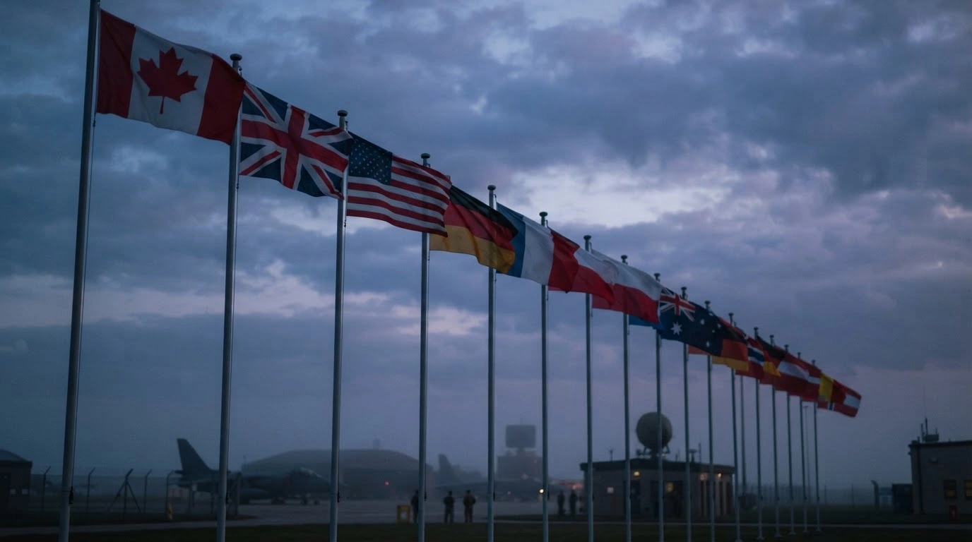 A row of international flags stands before a military air base as Canada and over 25 nations condemn Iran's alleged involvement in a security plot.