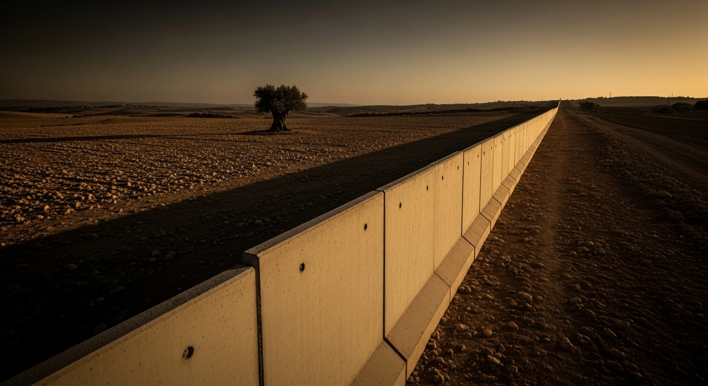 A desolate, sun-baked landscape under a bruised twilight sky, bisected by a stark, newly erected concrete barrier, with an isolated olive tree in the middle distance, visually representing the international condemnation of Israel's new settlements in the occupied West Bank.
