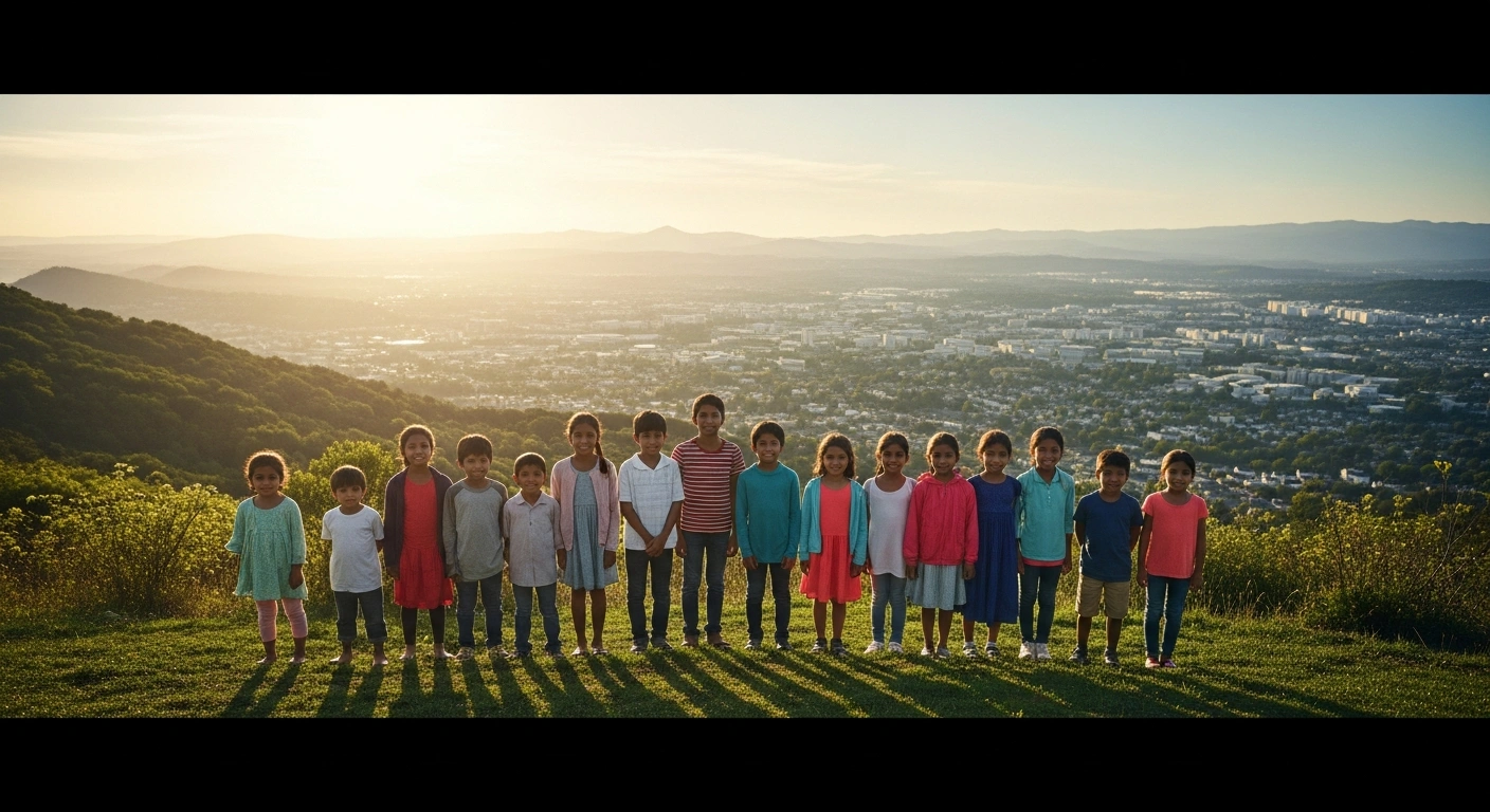A diverse group of children stands on a hilltop overlooking a green city to represent the United Nations International Decade of Strengthening Peace for Future Generations initiated by Tajikistan.