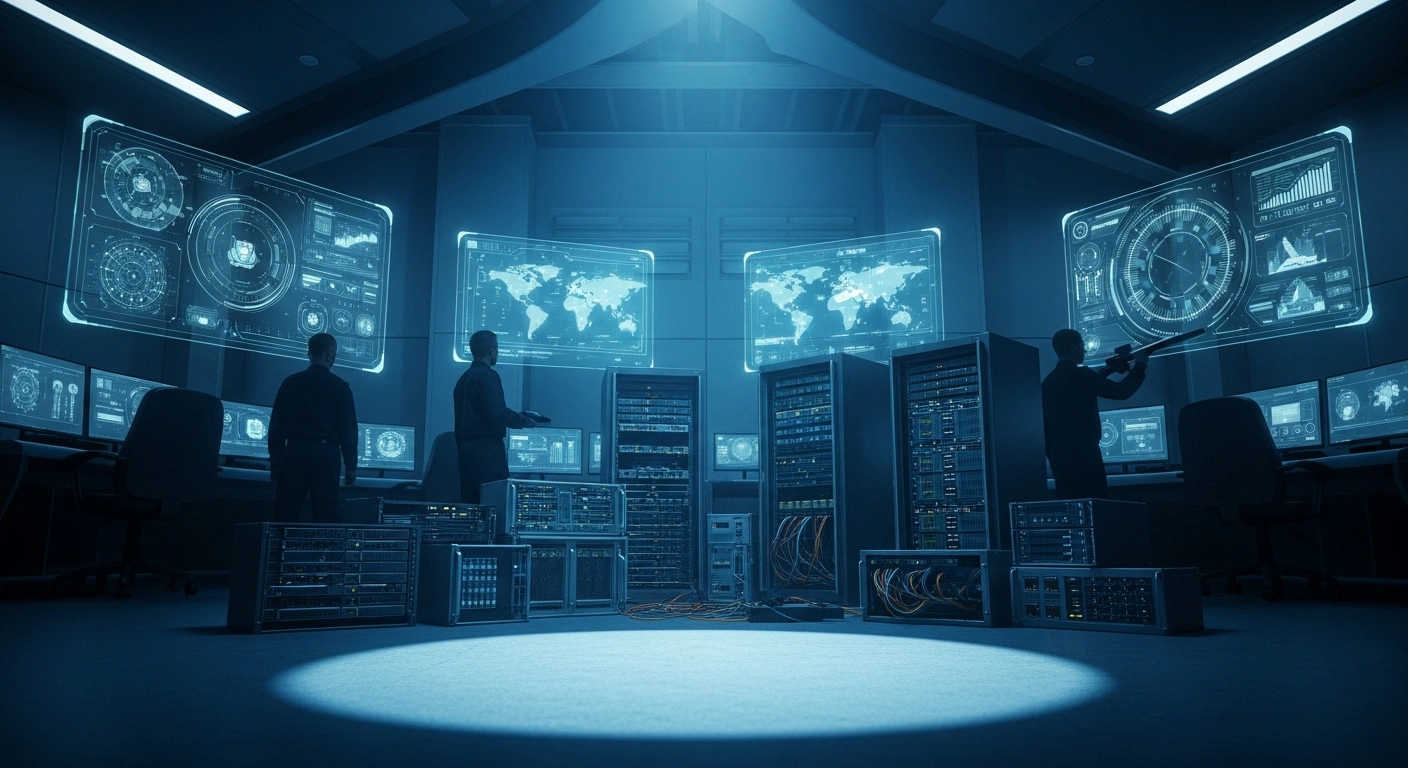 Law enforcement officers from China, the United States, and the United Arab Emirates stand in a Dubai command center following a joint operation that seized equipment from an international fraud syndicate.