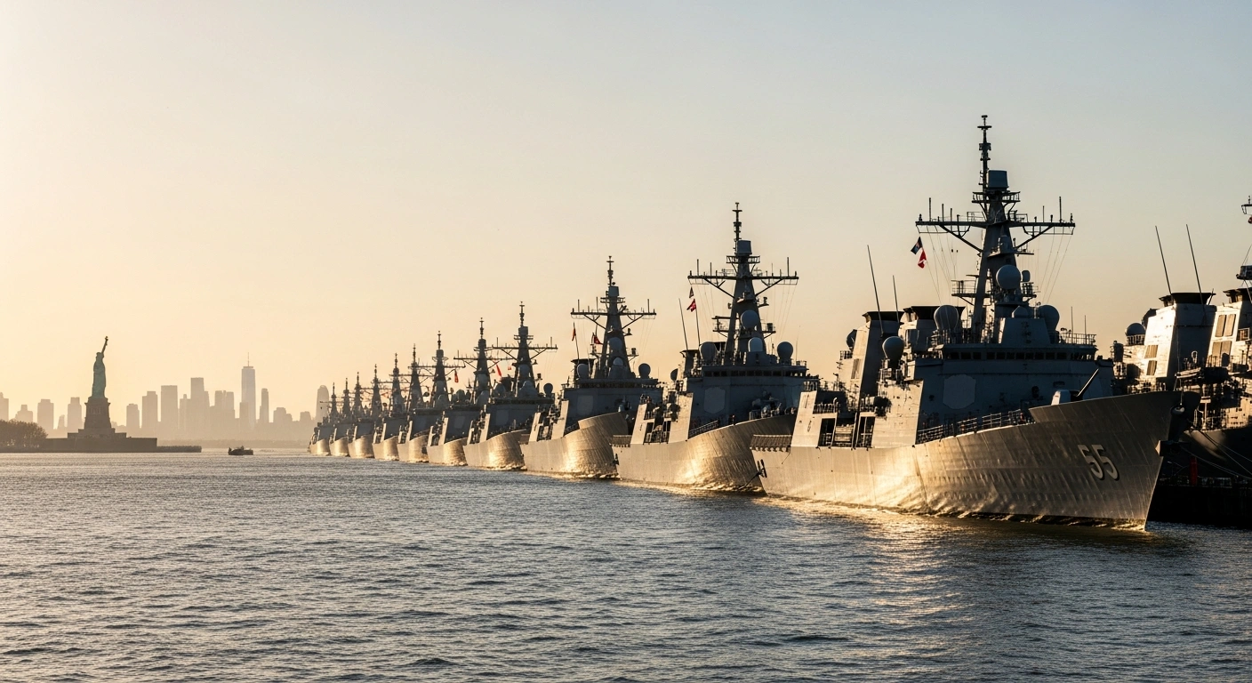 A diverse fleet of international naval vessels gathers in the Port of New York and New Jersey to celebrate the United States' 250th anniversary.