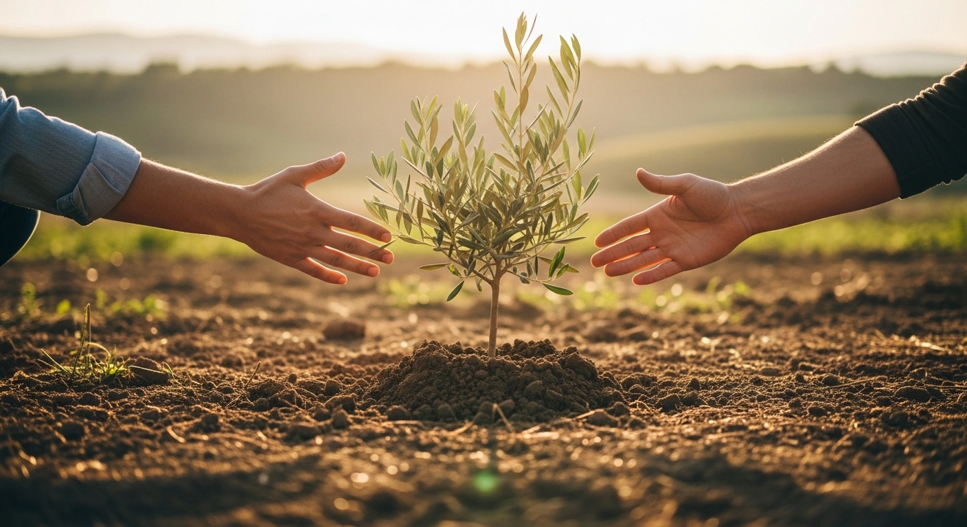Two people from different backgrounds work together to plant a tree, representing the new international peacebuilding fund established by the UK, Australia, and Canada for Israelis and Palestinians.