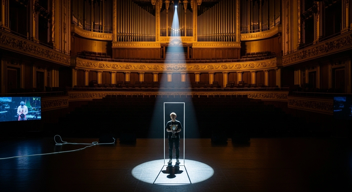 A lone Vietnamese winner, Duc Phuc, stands under a spotlight on a grand, ornate stage in Moscow, holding a trophy after the Intervision 2025 International Music Contest, an event emphasizing traditional values and marked by geopolitical controversies.