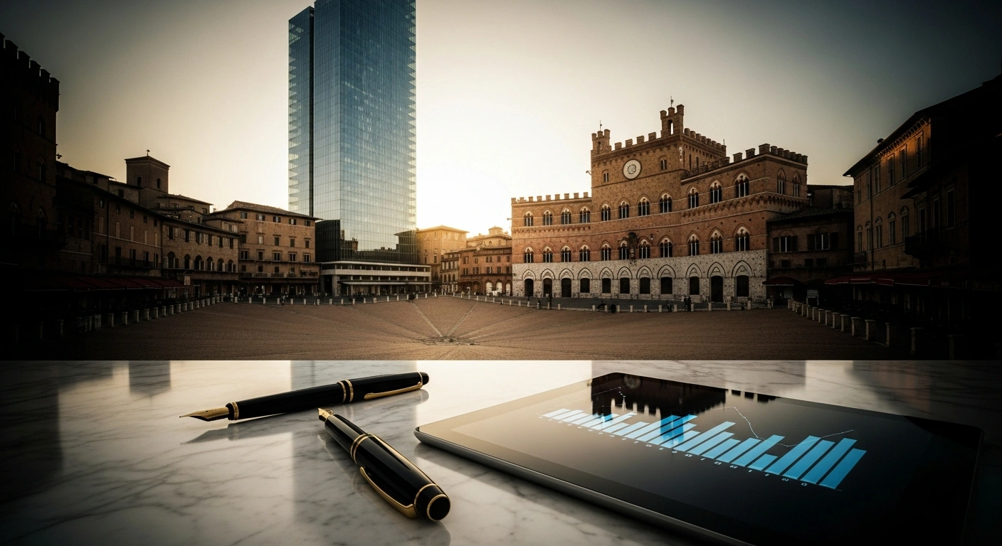 A modern office desk overlooking a historic Italian city square, representing the potential acquisition of Monte dei Paschi di Siena by Intesa Sanpaolo.