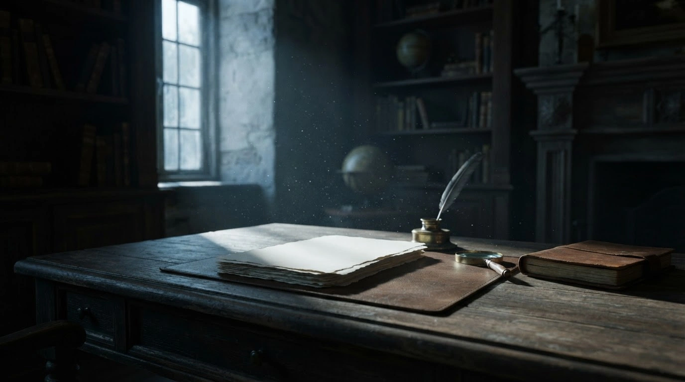 A dimly lit, empty office desk with blank documents represents the investigation into false reports of a conversation between the Pope and Vladimir Putin regarding a ceasefire.