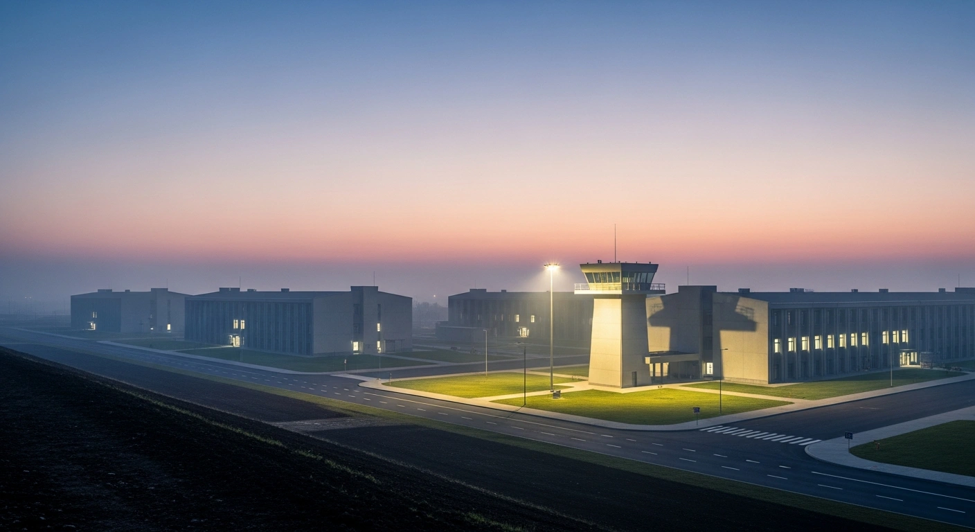 A modern, state-of-the-art military town, financed by the INVL Defence Infrastructure Fund I, is shown at dawn with a prominent watchtower and expansive facilities, symbolizing the construction of the Rūdninkai military town in Lithuania for Lithuanian and German armed forces.