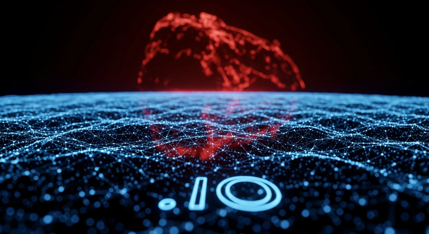 An ethereal digital network, representing the .IO domain, glows with cool blue light but flickers at its edges, while a distant, abstract landmass shrouded in ominous red light casts a long shadow, symbolizing the uncertain future of the .IO domain following the UK's agreement to transfer the Chagos Archipelago to Mauritius.