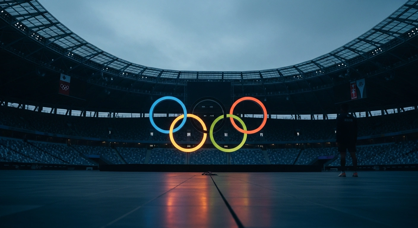 The Olympic rings are illuminated in a dark stadium as the International Olympic Committee lifts the suspension of the Russian Olympic Committee.