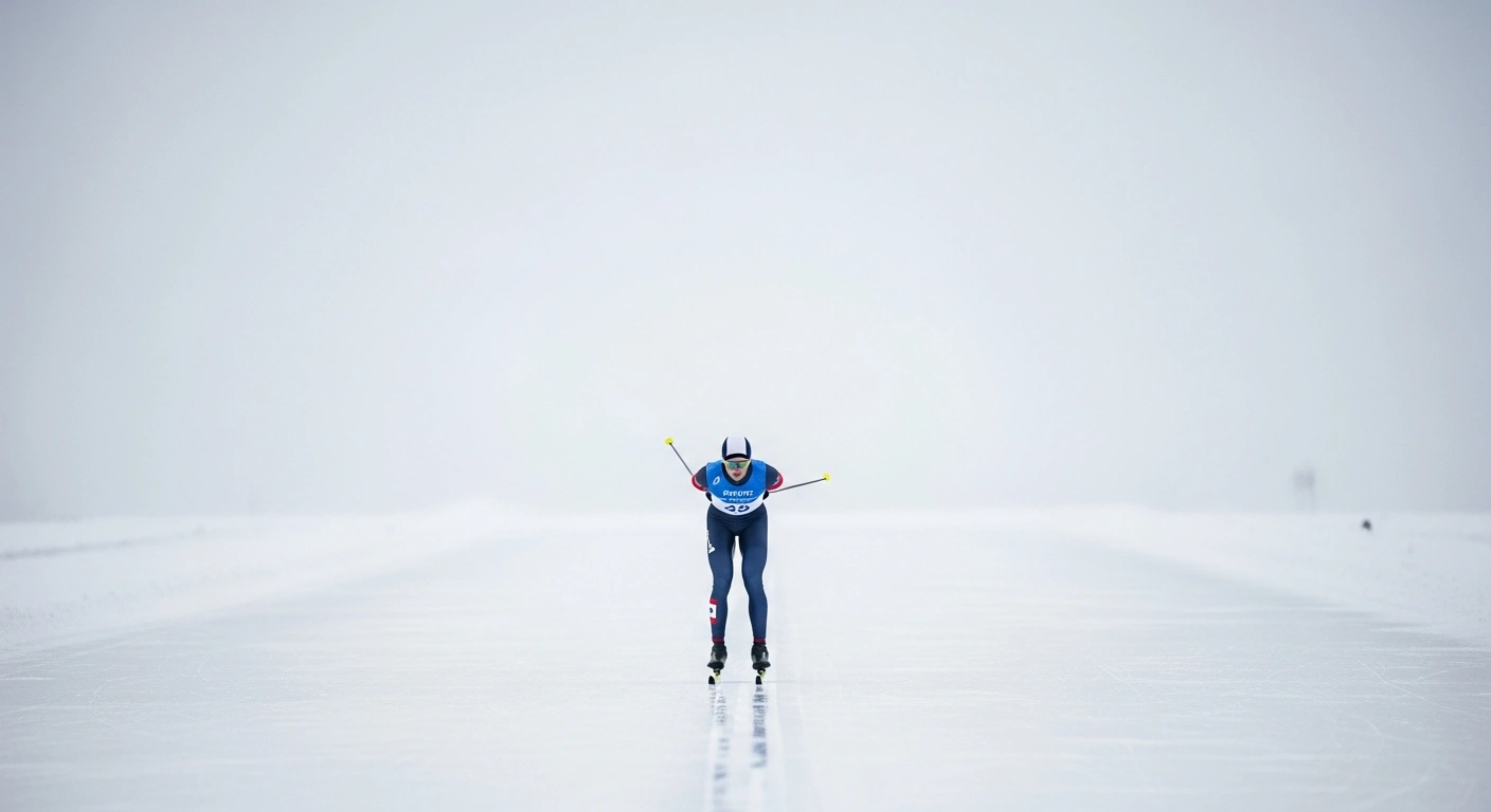 A lone athlete in a neutral-colored, symbol-free uniform stands on a vast, pristine winter landscape under cold, diffused light, symbolizing the International Olympic Committee's decision to allow Russian and Belarusian 'Individual Neutral Athletes' to compete at the Milano Cortina 2026 Winter Games under strict conditions, including a ban on national symbols.