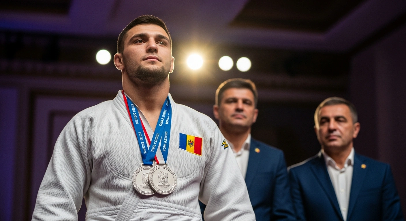 Para judoka Ion Basoc stands on a stage under a spotlight, proudly displaying three silver medals, with his coaches Vitalie Gligor and Dumitru Prodan standing behind him, celebrating his recognition as Moldova's best Paralympic athlete.