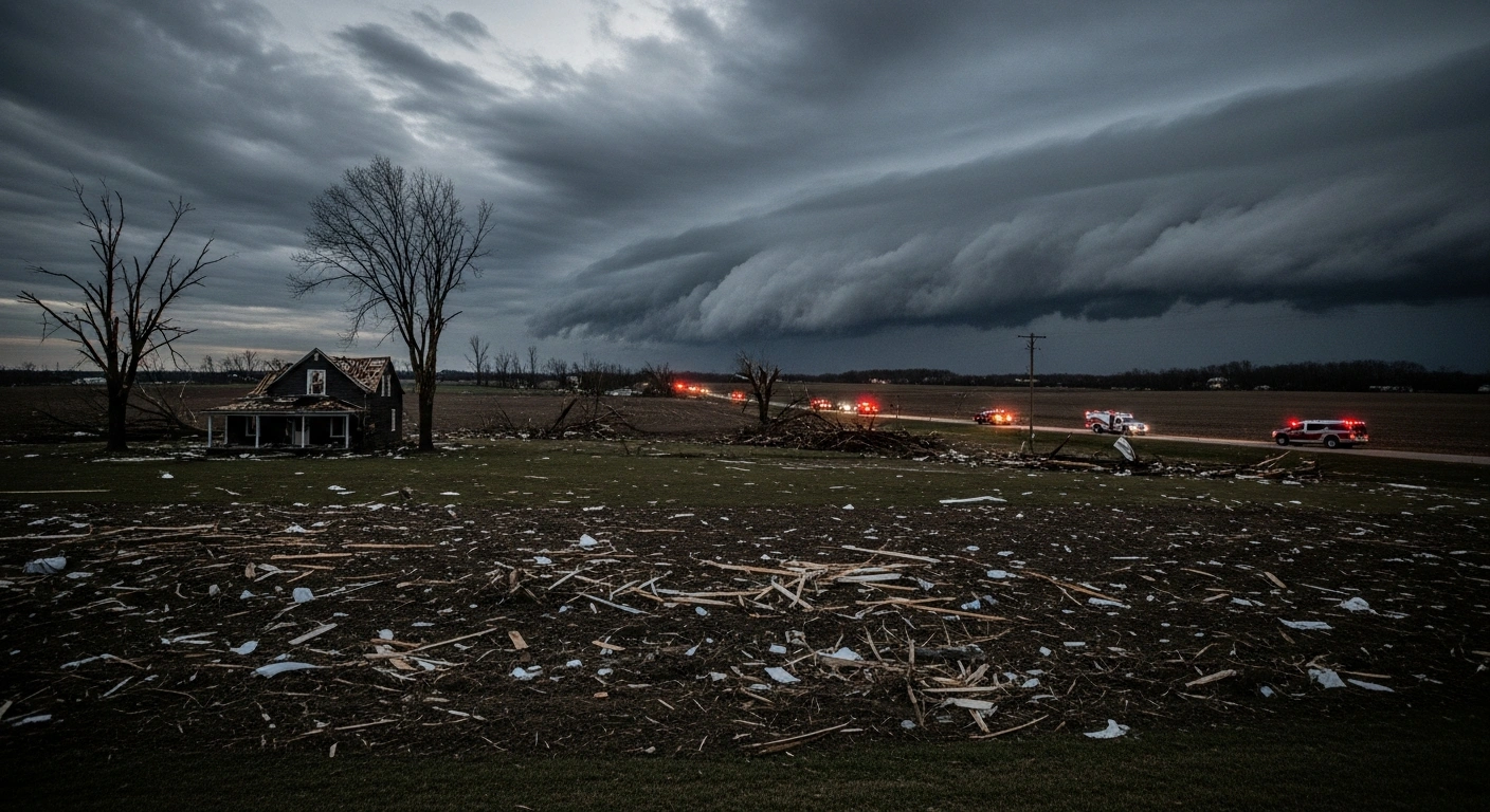 Emergency crews survey the widespread storm damage and debris left by a powerful tornado that swept through an Iowa community.