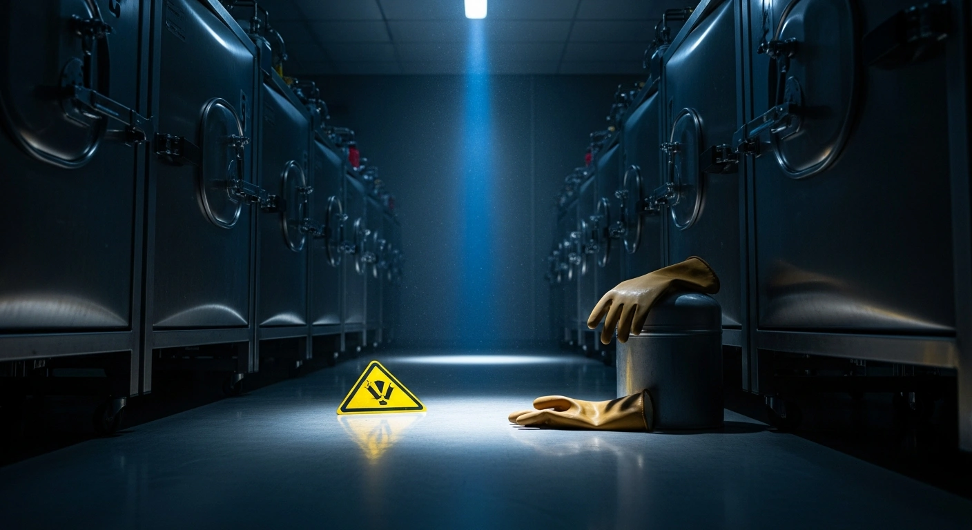 A dimly lit laboratory at the Institute for Energy and Nuclear Research in Brazil shows abandoned safety equipment near radioactive material storage containers.