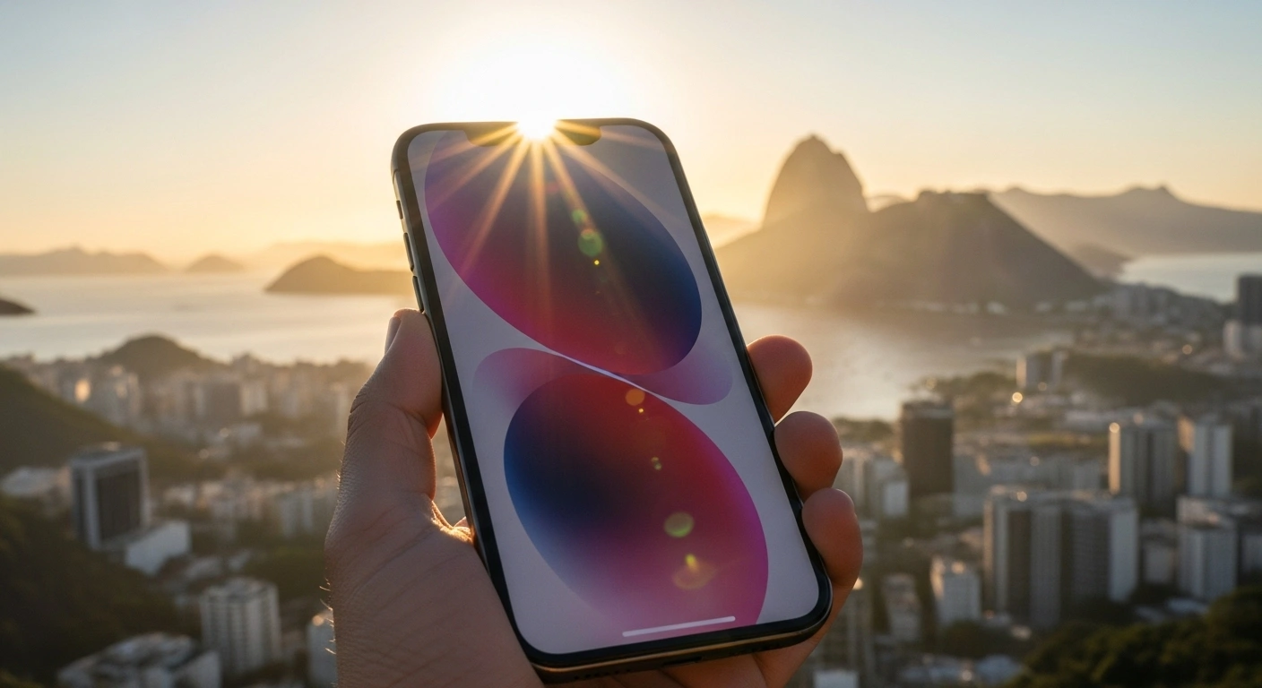 A close-up, low-angle shot of the ultra-thin 5.6mm titanium iPhone Air, held in a hand, its 6.5-inch Super Retina XDR display glowing vibrantly against a softly blurred, sun-drenched Brazilian cityscape at golden hour, symbolizing its official launch.