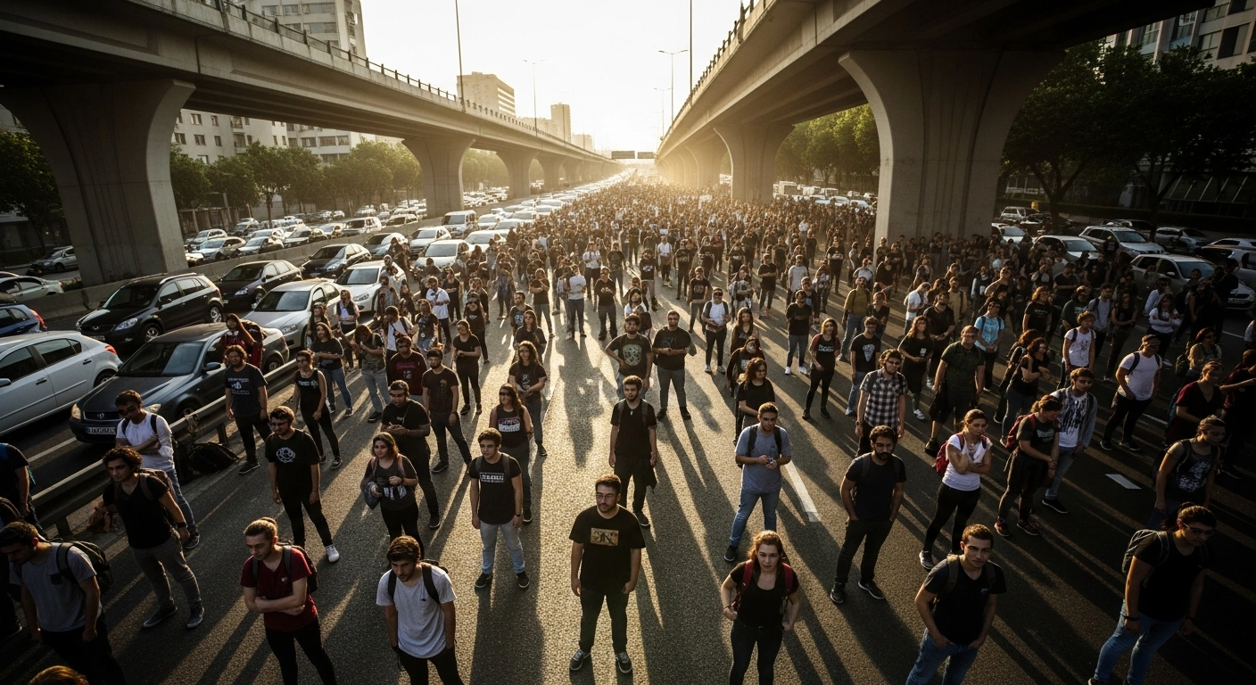 Students from the National Polytechnic Institute protest by blocking traffic on the Circuito Interior in Mexico City.