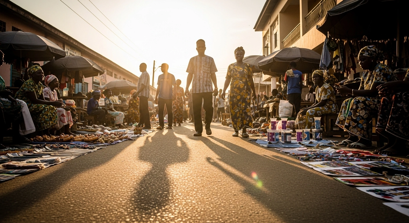 A wide, low-angle shot captures a bustling market street in Nigeria's South East at dawn, with golden hour light illuminating vendors and shoppers, symbolizing the revitalization of economic and social activities following the Indigenous People of Biafra's (IPOB) cancellation of its sit-at-home order.