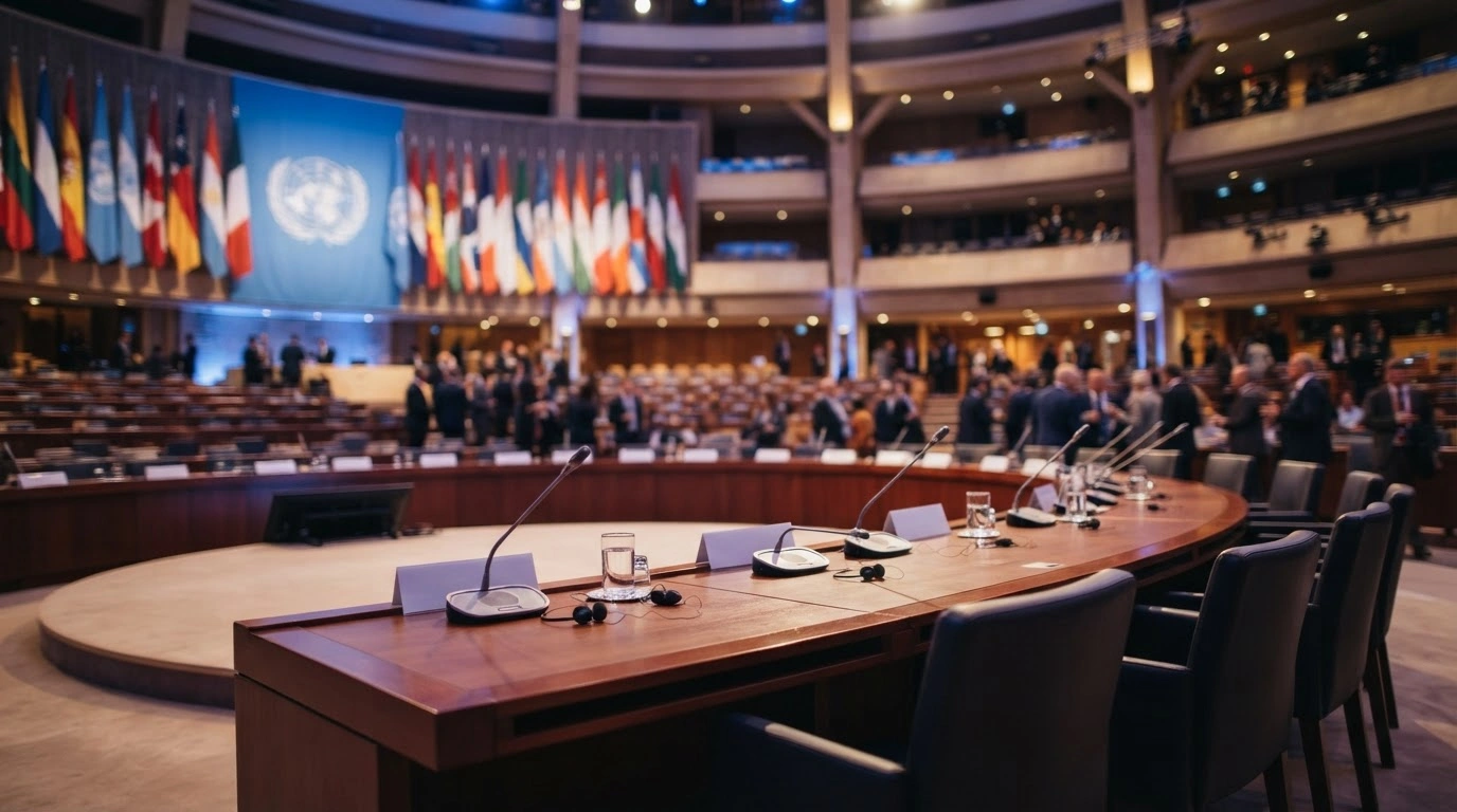 A formal international conference hall setting represents the Inter-Parliamentary Union engaging in diplomatic dialogue with the Committee Representing Pyidaungsu Hluttaw.