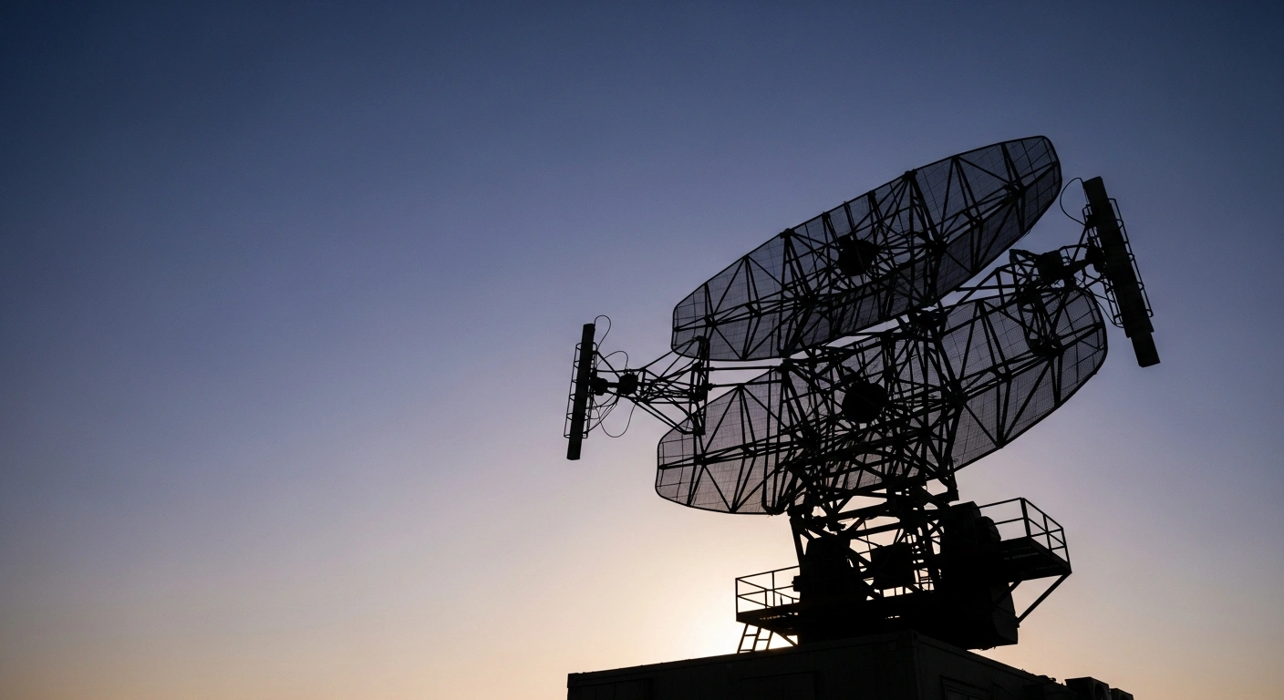 A wide, low-angle shot of an Iranian air defense radar dish silhouetted against a twilight sky, symbolizing Brigadier General Reza Khajeh's denial of rumors regarding Israeli fighter jets entering Iranian airspace and his assurance of secure Iranian skies.