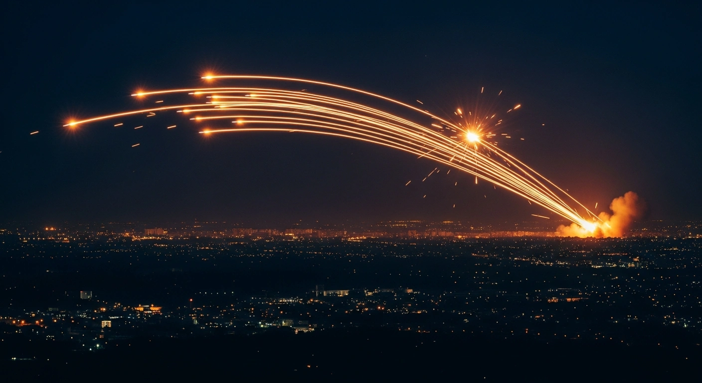 Bright streaks of light from ballistic missiles and defensive interceptors illuminate the night sky over an Israeli city during an aerial attack.