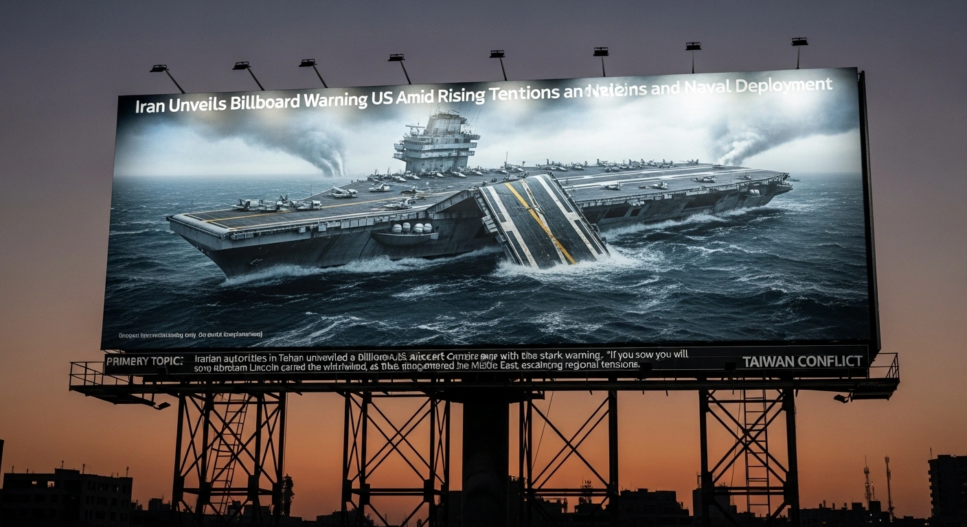 A colossal billboard in Tehran at dusk displays a hyperrealistic depiction of a severely damaged US aircraft carrier partially submerged in dark waters, symbolizing escalating regional tensions as the USS Abraham Lincoln carrier strike group entered the Middle East.