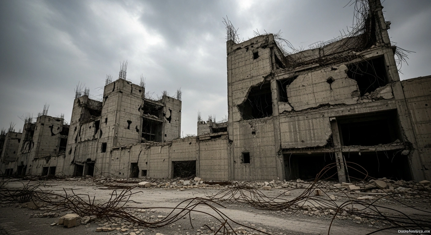 A wide, low-angle view depicts a partially bombed Iranian nuclear facility, reminiscent of sites like Natanz or Fordow, with massive concrete structures scarred and broken, twisted rebar, and rubble under an overcast sky, illustrating the aftermath of recent US strikes and ongoing nuclear program tensions.