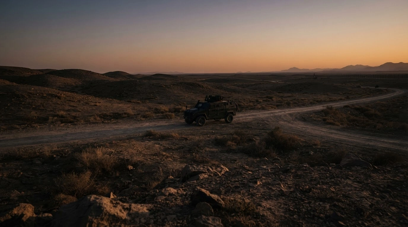 A desolate and arid landscape in Iran's Sistan-Baluchestan province shows an abandoned military vehicle following coordinated armed attacks on security personnel.