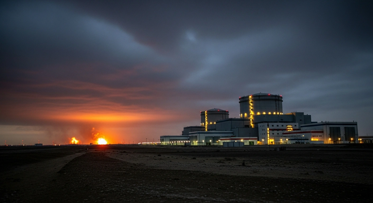 A wide, low-angle shot of the imposing Bushehr nuclear power plant in Iran at twilight, with its structures illuminated by internal artificial light, and a distant orange-red glow on the horizon suggesting explosions, symbolizing the potential for a regional disaster.