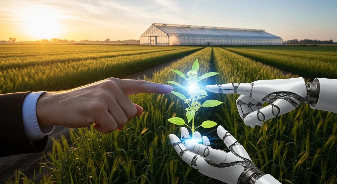 A wide-angle photograph taken at dawn shows a vast, green agricultural field merging into a modern greenhouse, where two hands, one representing Iran and the other China, are collaboratively touching a glowing holographic projection of a genetically enhanced crop, symbolizing their expanded cooperation in agricultural technology for food security and sustainable farming.